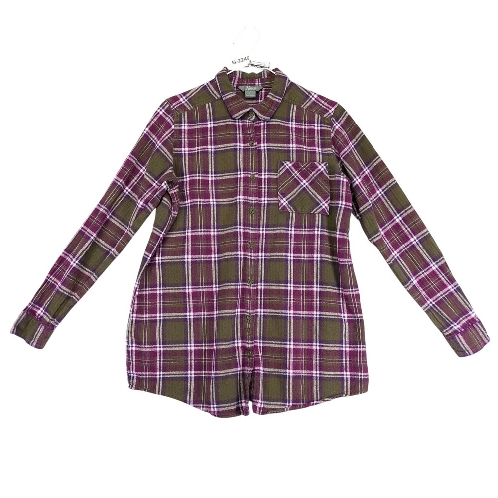 Natural Reflections Purple Olive Plaid Flannel Shirt Womens L Cotton Grunge